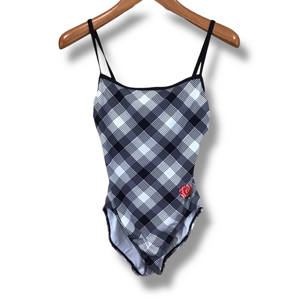 Liz‎ Claiborne Plaid One Piece Swimsuit Black White Rose Embroidered Underwire 8